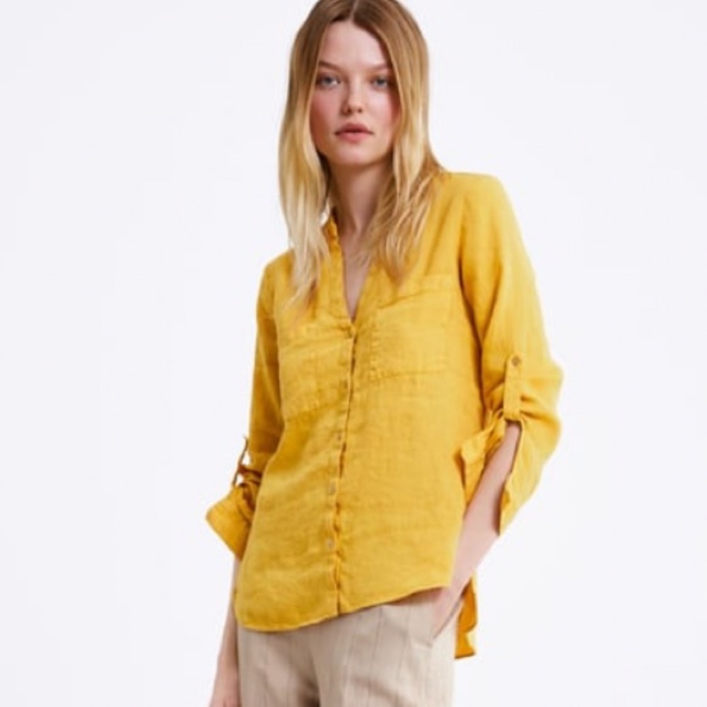 ZARA Yellow Linen Button Down Shirt with Pockets